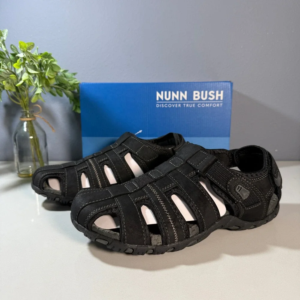 Nunn Bush Mens Black Fisherman Sandals‎ Hook and Loop Comfort Size 9